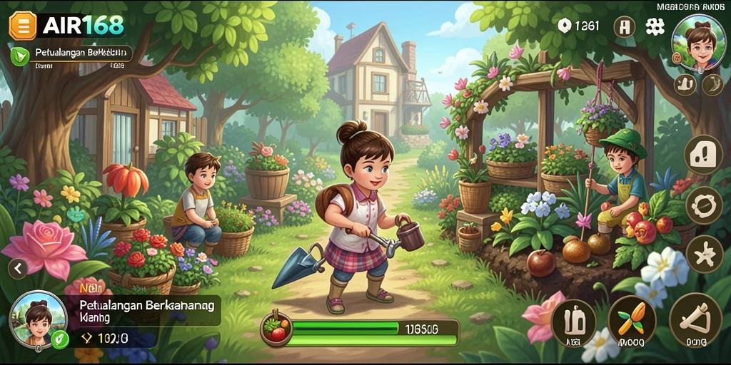 Screenshot menampilkan kegiatan berkebun di AIR168 yang ceria.