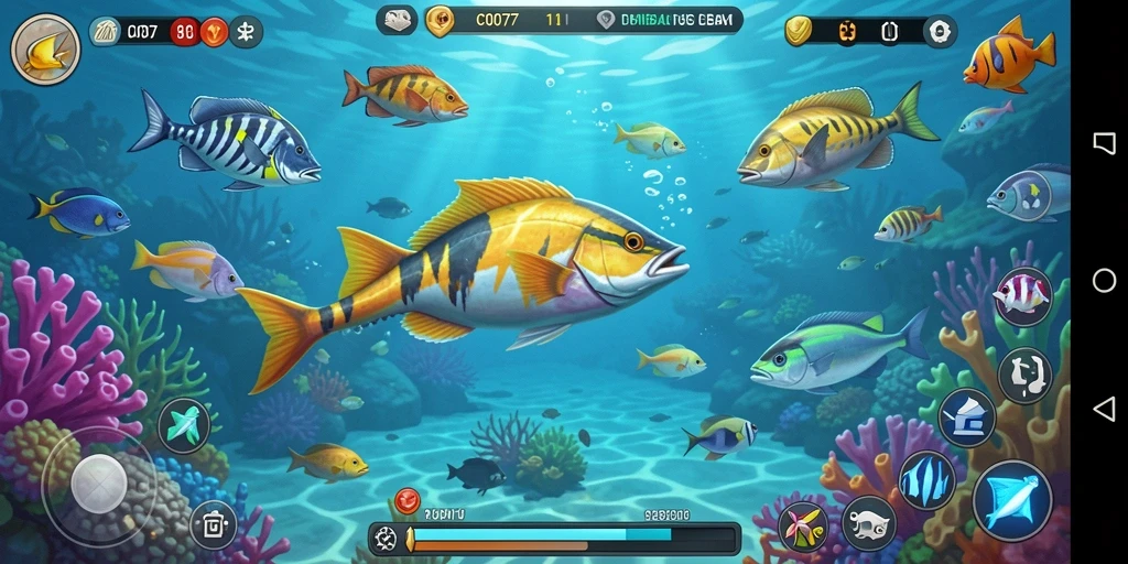 Tampilan gameplay seru di C0077 dengan aksi menembak ikan.