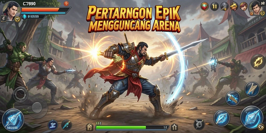 Screenshot utama menunjukkan karakter sedang bertarung dalam arena Fighting.