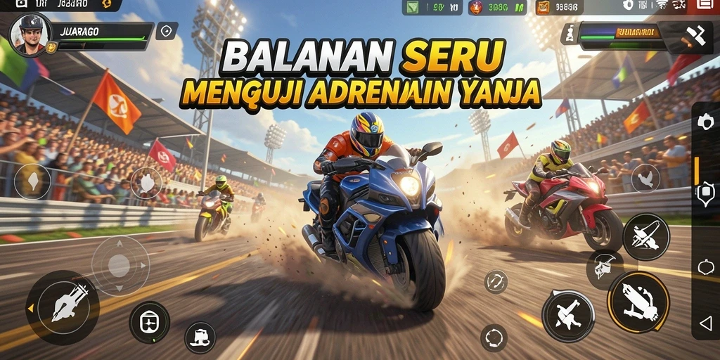 Gameplay JUARAGO yang mengasyikkan dengan mobil balap cepat.