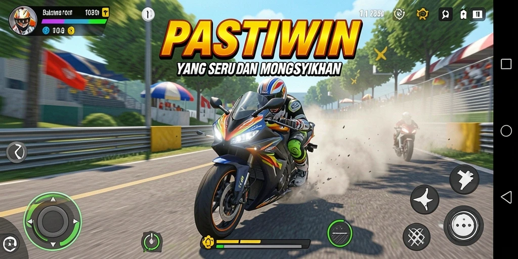Tangkapan layar PASTIWIN memperlihatkan balapan motor yang mendebarkan.