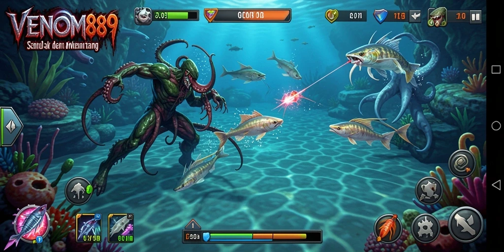 Tampilan gameplay VENOM889 yang seru dengan banyak ikan untuk ditembak.